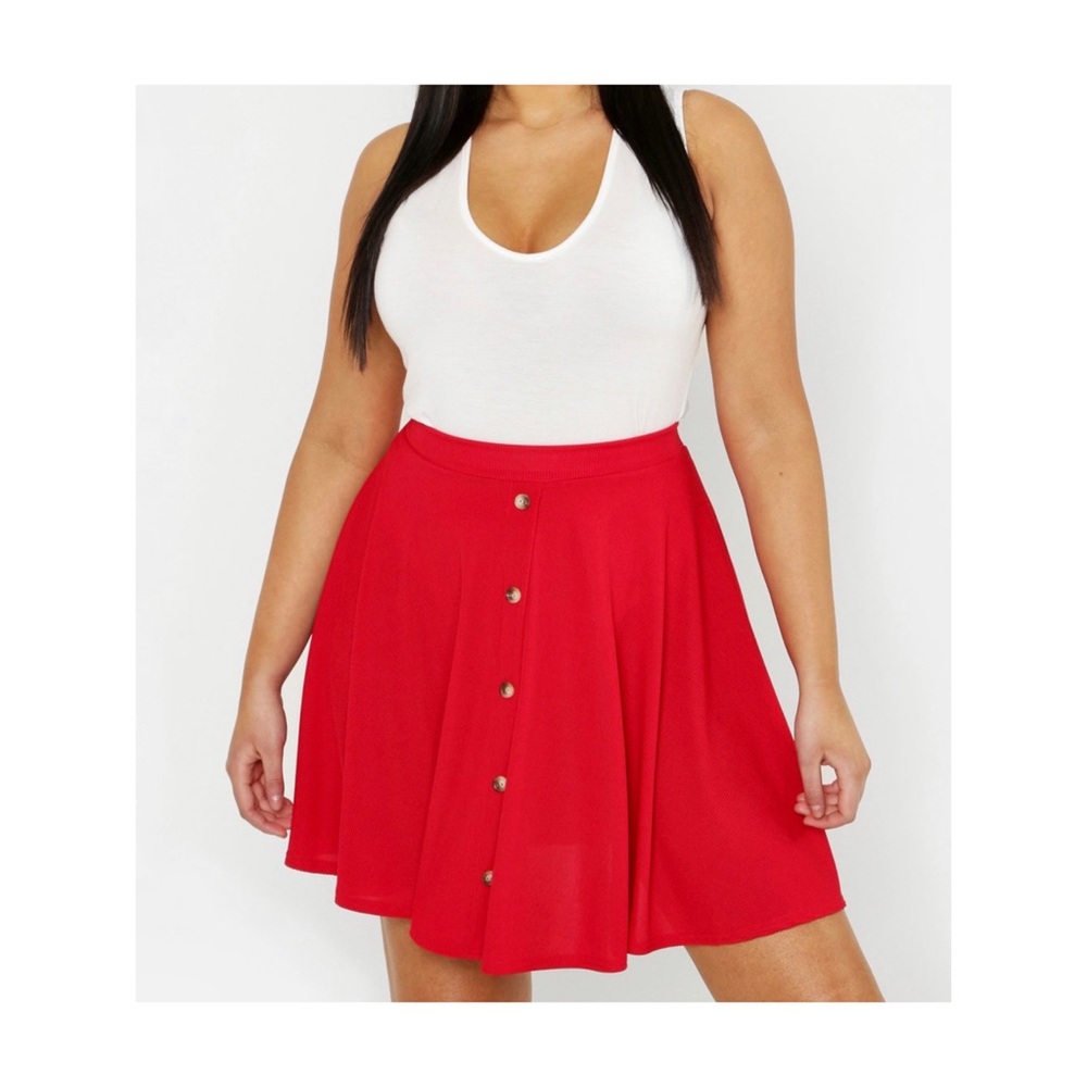Button Front Ribbed Skater Mini Skirt